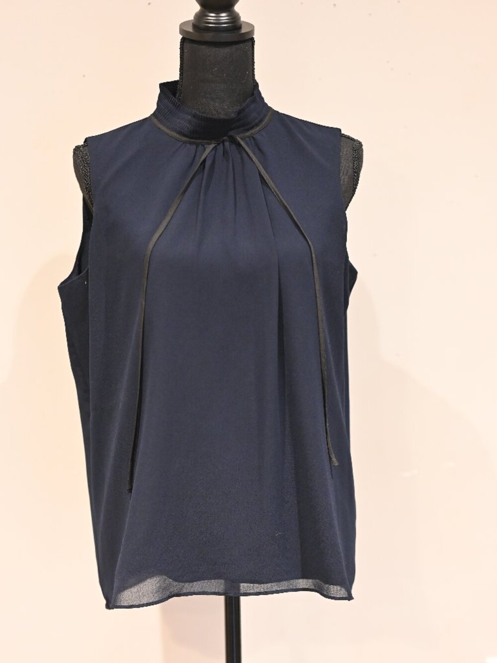 Karl Lagerfeld Paris Navy Sleeveless Tie Neck Blouse Medium